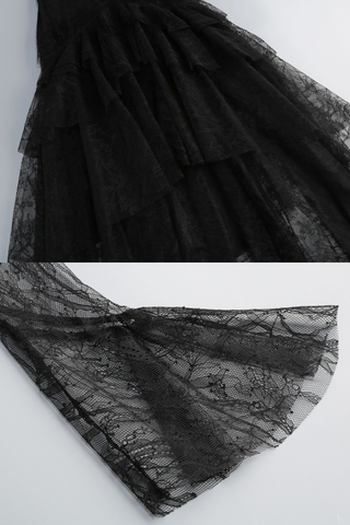 Tiered Lace Ruffle Long Dress with Flared Sleeves
