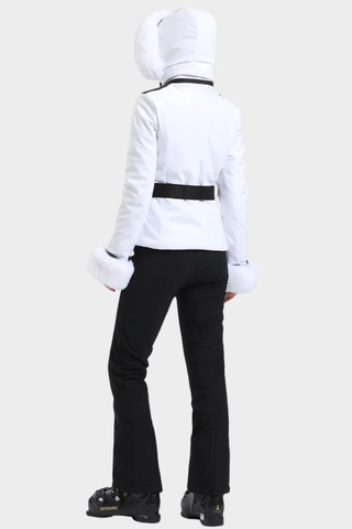 Tailored Ski Jacket with Belted Waist, Fur Details, and Long-Sleeve Design