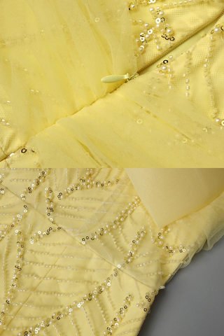 Sleeveless Halter Beaded Yellow Tulle Long Dress – Hand-Embellished Sequins & Pearls, Floor-Length Design