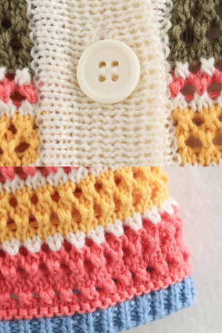 Striped Crochet Knit Two-Piece Set with Short Sleeve Button Top and High-Waist Shorts