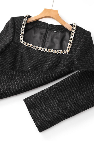 Long Sleeve Tweed Mini Dress with Pearl-Trimmed Square Neck and Pocket Details