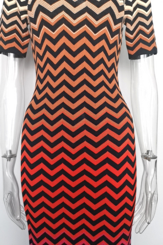 Sunset Chevron Short Sleeve Gradient Knit Patterned  Long Dress
