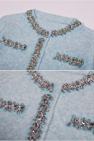 Crystal-Embellished Soft Wool Set – Cropped Jacket and Ruffled Mini Skirt