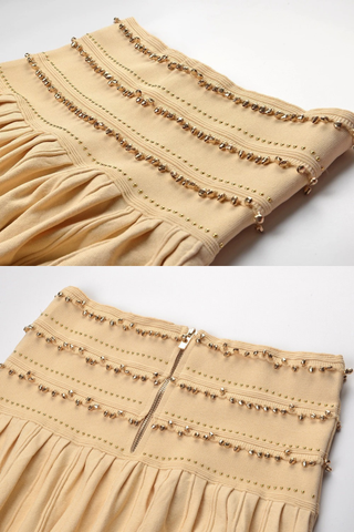 Gold Beaded Short Sleeve Cardigan & Pleated Long Skirt Set