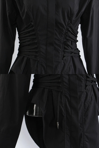 Long Sleeve Corset Waist Button-Up Shirt Dress with Lace-Up Back