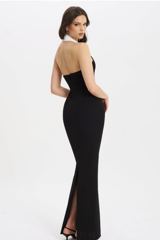 Contrast Lapel Halter Long Dress with Deep V-Neck & Tailored Fit