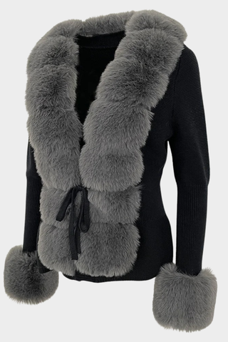 Long Sleeve Knitted Jacket with Faux Fur Trim – Tie-Front Design