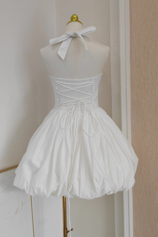 Vintage Polka Dot Puffball Mini Dress  Halter Neck Tie-Back &  Built-In Underskirt