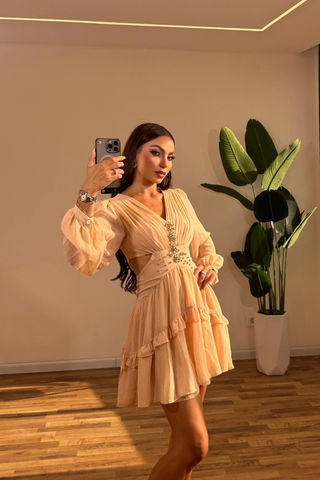 Pleated Chiffon Mini Dress with Long Sleeves and Crystal Embellished Waist