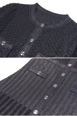 Shimmer Knit Mid-Long Dress with Three-Quarter Sleeves and Front Buttons