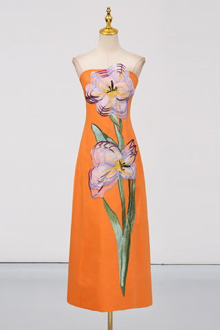 Strapless Floral Embroidered  Multicolor 3D Appliqué Slim Fit Long Dress