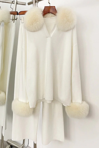 Faux Fur Trim Knit Two-Piece Set – Long Sleeve Top & Wide-Leg Pants