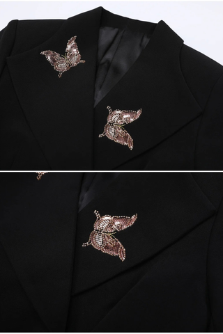 Structured Long Sleeve Tailored Blazer with Hand-Embellished Butterfly Detail