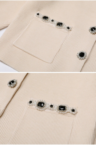 Embellished Pearl and Rhinestone Knit Cardigan with Matching Flared Midi Skirt Set