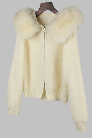 Faux Fur Trimmed Knitted Hooded Cardigan