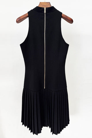 Chic High Neck Sleeveless Mini Dress with Pleated Skirt and Statement Belt Detail