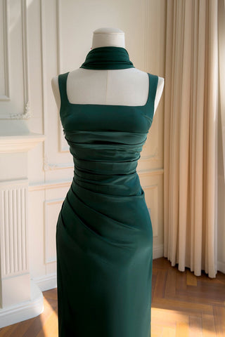 Ruched Square Neck Sleeveless Satin Draped Back Long Dress