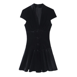 Velvet Cap Sleeve Mini Dress with Deep V-Neck and Flared Hem