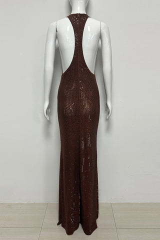 Embellished Cowl Neck Open Back Long Dress