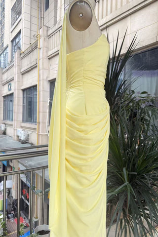 Strapless Ruched Long Dress with Lace-Up Back & High Slit