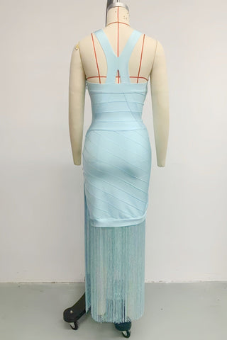 Luxe Sleeveless Fringe Bandage Midi Dress with Deep V-Neck