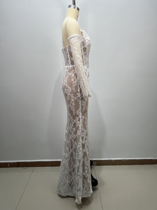 Floral Lace Corset Off-Shoulder Long Dress with Sheer Lace Sleeves
