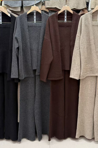 Comfy Ribbed Knit Three-Piece Cardigan, Top & Wide-Leg Pants Set