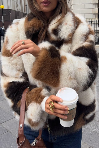 Vintage Pattern Faux Fur Zip-Up Coat