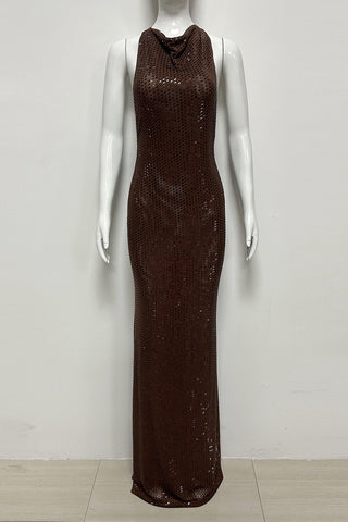 Embellished Cowl Neck Open Back Long Dress