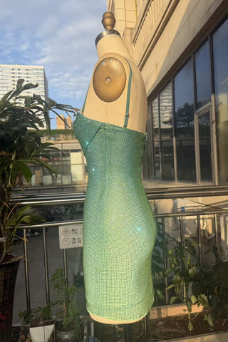 Crystal Embellished Cowl Neck Spaghetti Strap Mini Dress