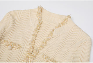 Ribbed Knit Long Dress with Pearl Trim Details & Long Sleeves