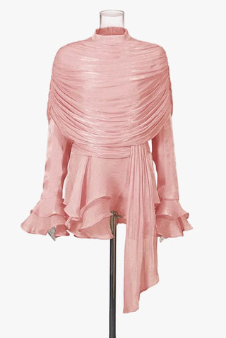 Draped Sheer Layered Dress with High Neck and Flared Cuffs