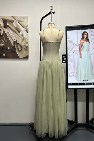 Strapless Chiffon Long Dress – Flowy Draped Fit, Sculpted Shape, Soft Feminine Elegance