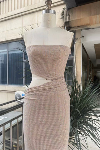 Textured Knit Strapless Cut-Out Long Dress with Draped Detail