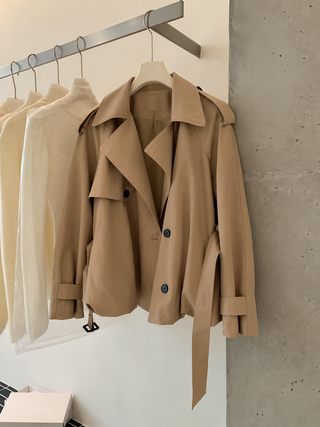 Double-Breasted Belted Short Trench Jacket with Balloon Hem