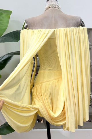 Romantic Draped Off-Shoulder Mini Dress with Sheer Sleeves & Sculpted Fit