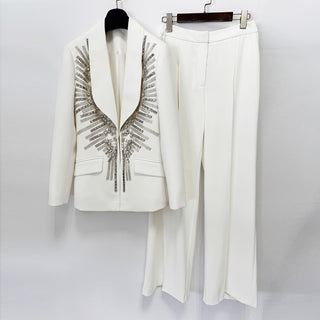 Crystal Embellished Shawl Collar Blazer & Wide Leg Pants Set