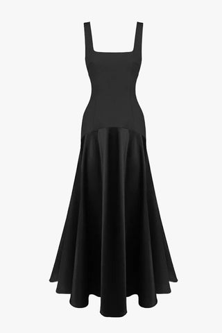 Square Neck Fitted Bodice Long Dress with Flared Satin Skirt