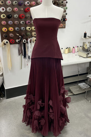 Strapless Lace-Up Corset Long Dress with Pleated Skirt and 3D Floral Trim