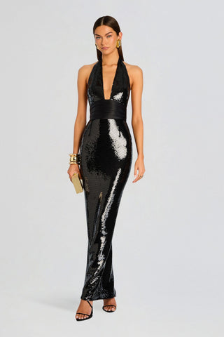 Sequin Halter Neck Long Dress with Open Back and Slit
