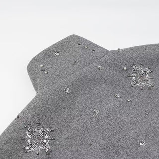 Embellished Wool Short Jacket – Grey High Neck Coat with Crystal Beads & Sequins