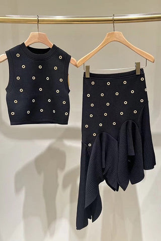Embellished Sleeveless Knit Crop Top & Asymmetric Ruffle Long Skirt Set