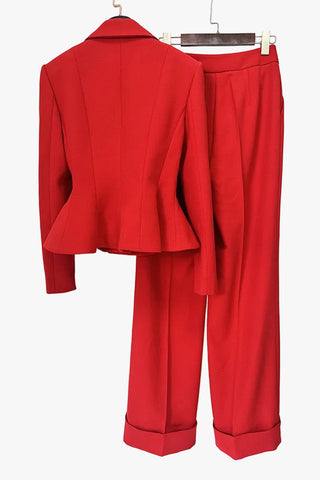 Long-Sleeve Crepe Peplum Blazer and Wide-Leg Pants Set with Beaded Brooch Detail