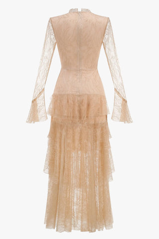 Tiered Lace Ruffle Long Dress with Flared Sleeves