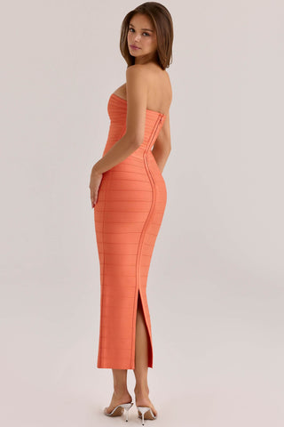 Strapless Bandage Midi Dress with Sculpted Sweetheart Neckline and Bodycon Fit