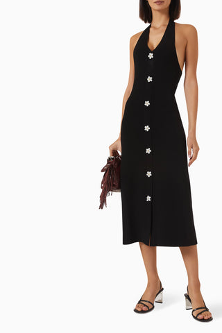 Pearl Floral Button Halter Long Dress