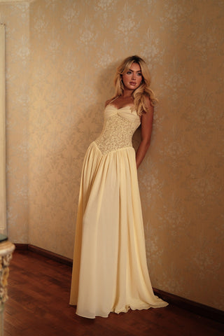 Lace Corset Halter Long Dress – Pleated Chiffon Evening Dress