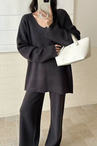 Comfy Relaxed V-Neck Knit Top & Wide-Leg Pants Set