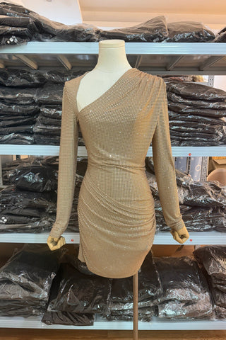 Glam Crystal Asymmetric Neck Ruched Long Sleeve Mini Dress