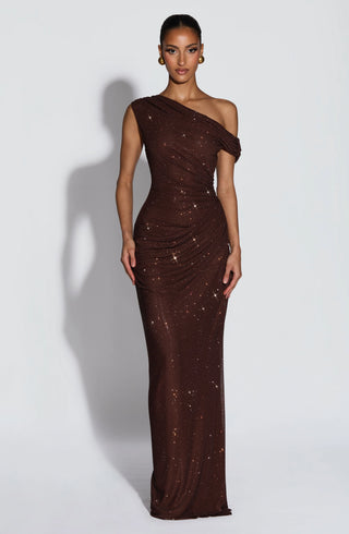 One-Shoulder Shimmer Mesh Long Evening Dress